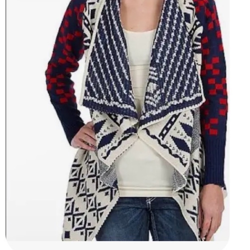 Double Zero Geometric Open Front Sweater - Red and Blue
